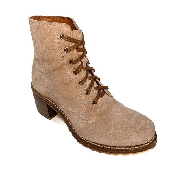 Frye Sabrina 6G Pale Blush Pink Lace Up Chunky Heeled Combat Ankle Booties 9 - Picture 1 of 9